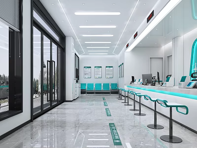 Spacious Modern Hotel Lobby With Large Windows Reception Counter Decorative Paintings And Marble Floor 3d model