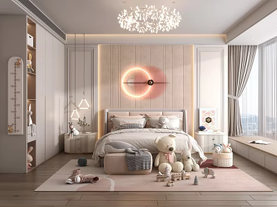 Kids Room Interior Design with Bed Stuffed Toys Chandelier Wall Decor Rug and Bookshelf 3d model