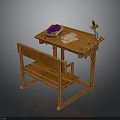 Wooden Study Desk And Bench Furniture With Book Bread And Items