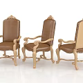 Classic Style Dining Chairs With Carved Wooden Frames And Brown Leather Seats