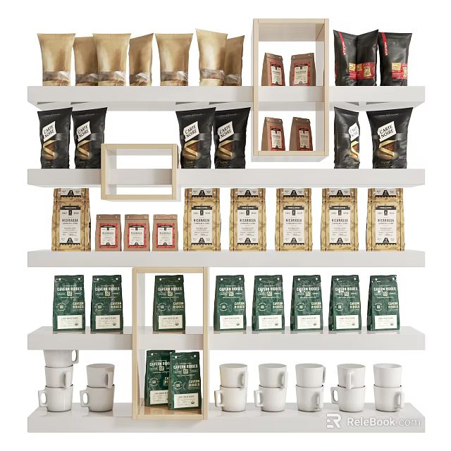 Assorted Food Packages Displayed On White Shelves 3d model