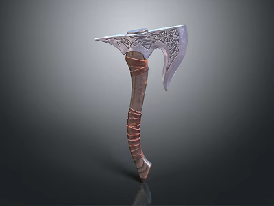 Detailed Decorative Axe Featuring Intricate Carved Metallic Head And Wooden Handle 3d model