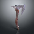 Detailed Decorative Axe Featuring Intricate Carved Metallic Head And Wooden Handle