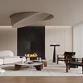 Modern Luxury Living Room Interior With White Sofa Fireplace Curved Pendant Light And Coffee Table