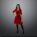 Woman in Red Dress Standing Against Gray Background with Black Stockings High Heels and Belt