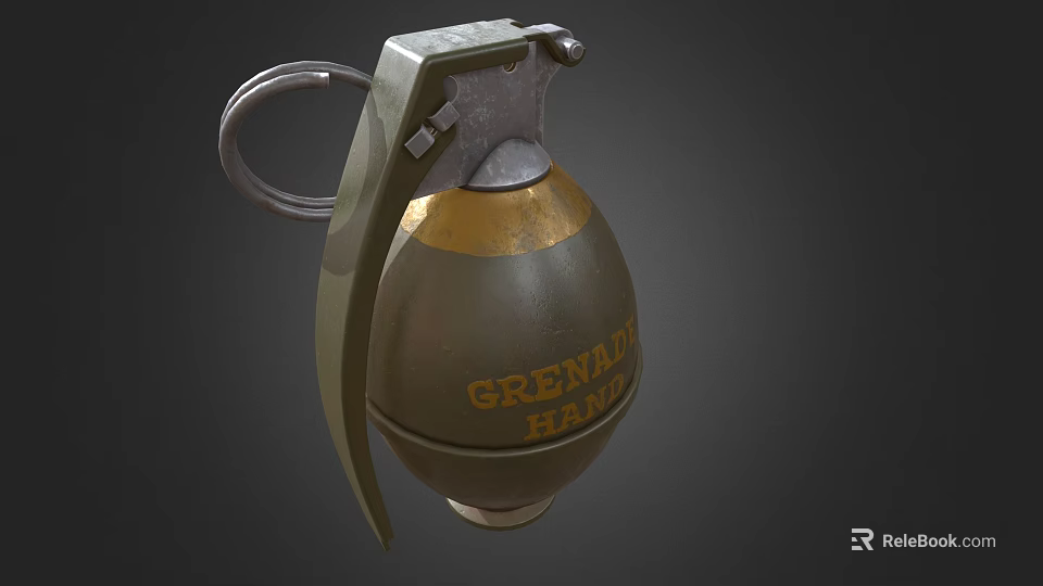 Hand Grenade With Safety Pin Yellow And Green Metallic Body Grenate Hand Text 3d model 