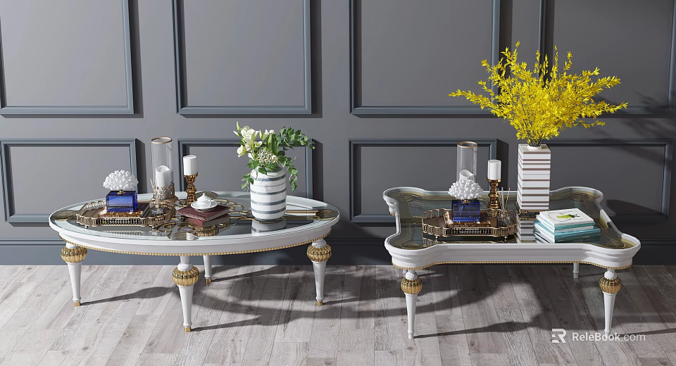 Elegant Modern Coffee Tables With Glass Top Golden Legs Vases Candles Plants And Gray Walls 3d model 