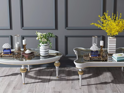 Elegant Modern Coffee Tables With Glass Top Golden Legs Vases Candles Plants And Gray Walls 3d model