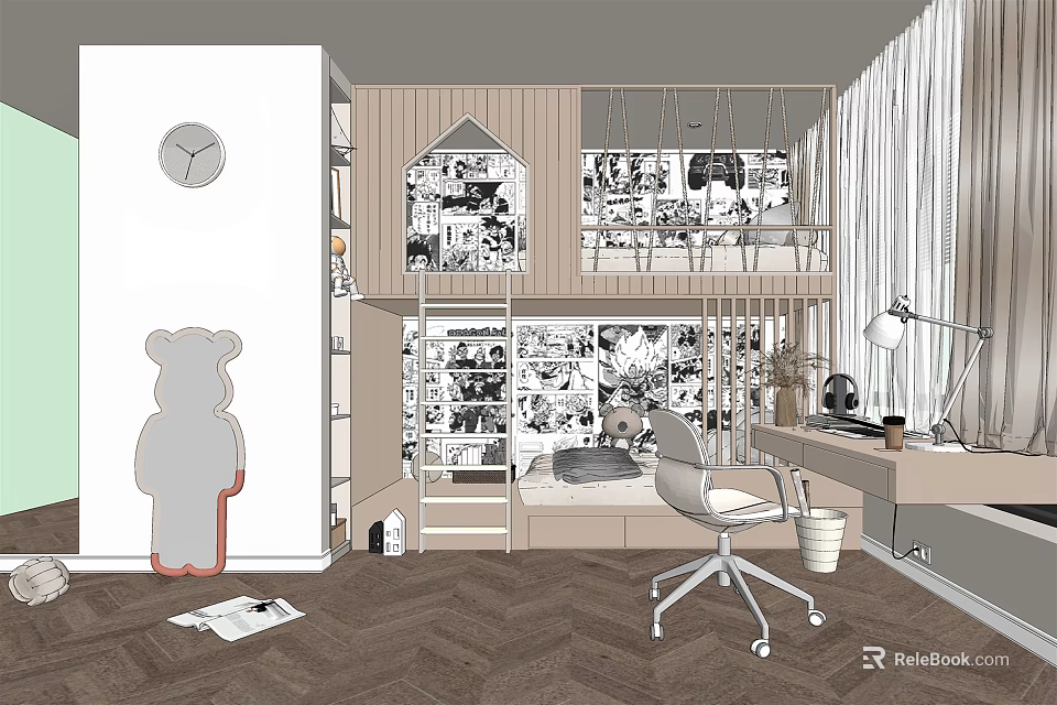 Kids Room Interior Featuring Bunk Bed Study Desk Bear Decor And Herringbone Floor 3d model