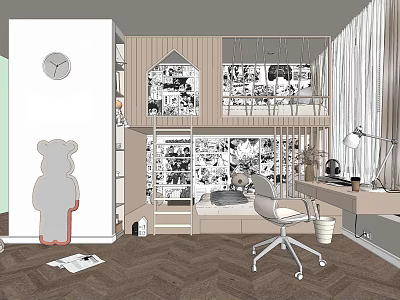 Kids Room Interior Featuring Bunk Bed Study Desk Bear Decor And Herringbone Floor 3d model