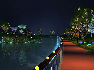 Tranquil Night Park Landscape With River Red Pathway Illuminated Trees And Lotus Structures 3d model