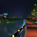 Tranquil Night Park Landscape With River Red Pathway Illuminated Trees And Lotus Structures