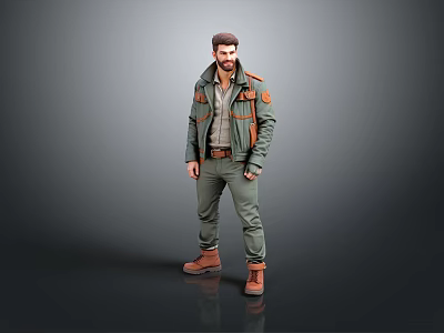 Man Wearing Green Jacket With Orange Patches Green Pants And Brown Boots 3d model