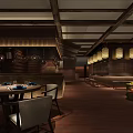 Traditional Chinese Restaurant Interior With Wooden Ceiling Warm Lighting And Tables Chairs