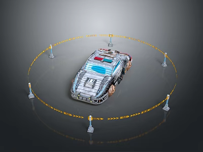 Silver Futuristic Car Surrounded By Yellow Warning Lines And Street Lamps 3d model