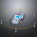 Silver Futuristic Car Surrounded By Yellow Warning Lines And Street Lamps