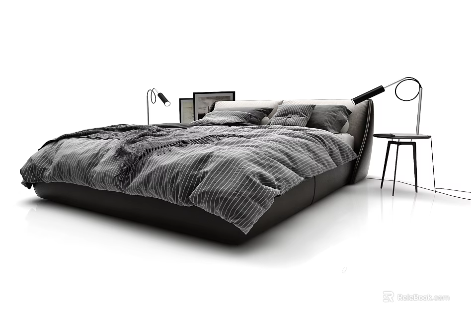 Modern Double Bed with Black Leather Frame Striped Bedding and Side Tables with Lamps 3d model 