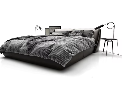 Modern Double Bed with Black Leather Frame Striped Bedding and Side Tables with Lamps 3d model