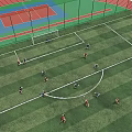 Soccer Field with Red Running Track Green Striped Grass Center Circle and Goal Areas