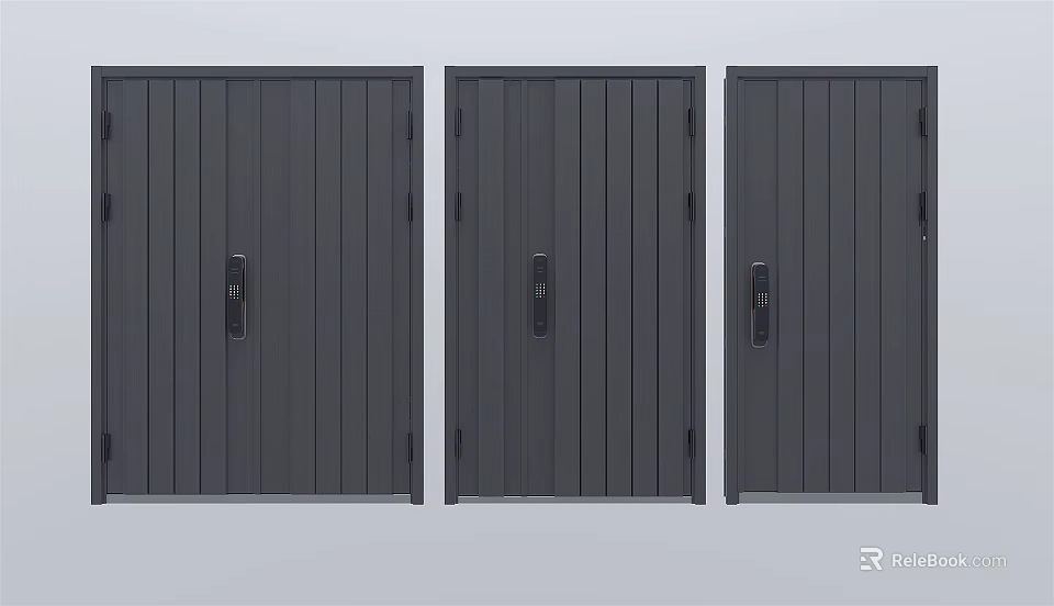 Three Gray Modern Security Doors With Vertical Stripes And Secure Locks 3d model