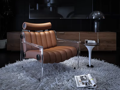 Modern Brown Leather Armchair With Metal Frame On Shaggy Rug And Side Table 3d model