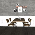 Wooden Dining Table Set With Four Chairs And Decorative Shelves On Grey Wall Interior