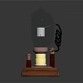 Vintage Light Bulb With Wooden Base Red Pillars Transparent Glass Metal Structure And Black Coil