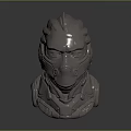 Metallic Head Sculpture Featuring Futuristic Mask Design Detailed Texture and Reflective Surface