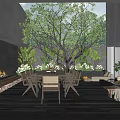 Modern Courtyard Garden with Wooden Deck Dining Table Fireplace Sofa and Lush Plants