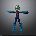 Blue And Yellow Cartoon Robot Character With Red Chest Emblem And Outstretched Arms