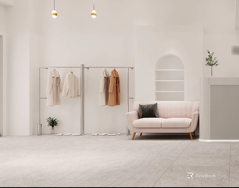 Modern Clothing Store With White Walls Metal Racks Hanging Clothes Pink Sofa And Arched Shelf 3d model 