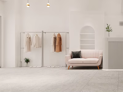 Modern Clothing Store With White Walls Metal Racks Hanging Clothes Pink Sofa And Arched Shelf 3d model