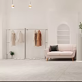 Modern Clothing Store With White Walls Metal Racks Hanging Clothes Pink Sofa And Arched Shelf