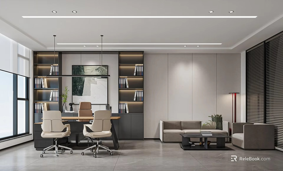 Modern Office Interior Design With Built in Bookshelves Desk Office Chairs Sofa And Coffee Table 3d model 
