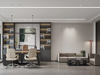 Modern Office Interior Design With Built in Bookshelves Desk Office Chairs Sofa And Coffee Table 3d model