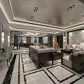 Elegant Office Interior Design With Round Ceiling Lights Wooden Desk Leather Sofa And Geometric Floor