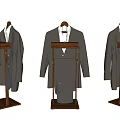 Men's Suits Display On Wooden Stands With Jackets And Pants In White Background