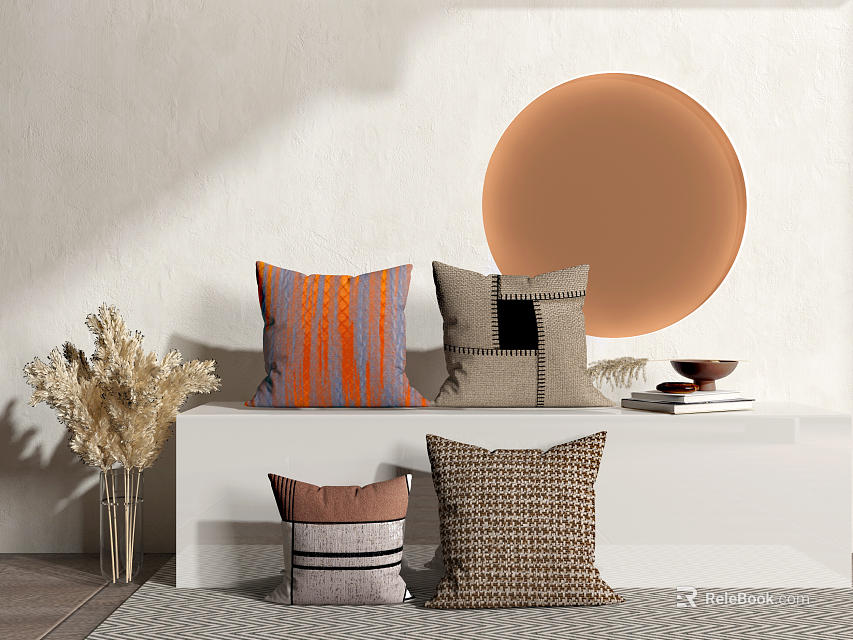 Stylish Decorative Pillows With Various Patterns Colors And Textures On White Shelf 3d model 