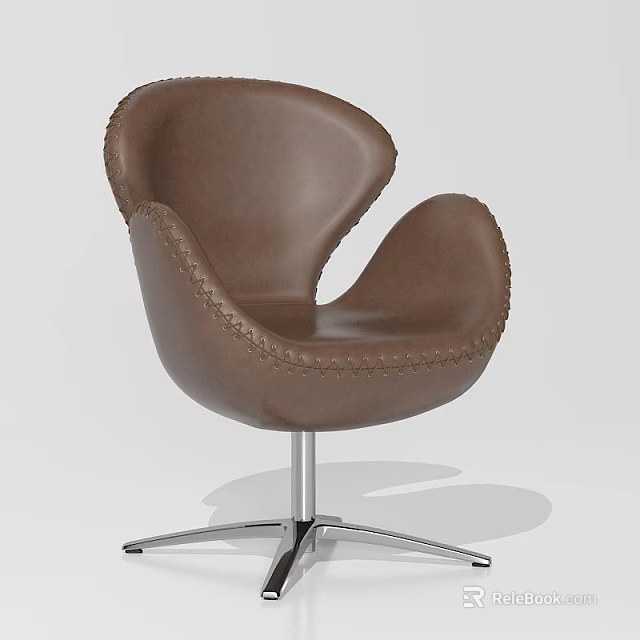 Brown Leather Leisure Chair With Curved Design Stitched Details And Metal Swivel Base 3d model 