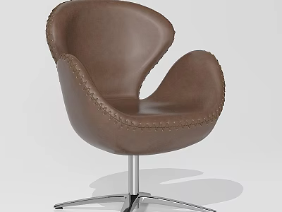 Brown Leather Leisure Chair With Curved Design Stitched Details And Metal Swivel Base 3d model