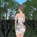 Woman in Strapless Newspaper Print Dress Standing on Balcony with Green Trees Background