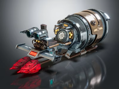 Mechanical Engine Design With Silver Metallic Casing Gold Accents And Red Thruster Elements 3d model