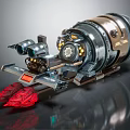 Mechanical Engine Design With Silver Metallic Casing Gold Accents And Red Thruster Elements