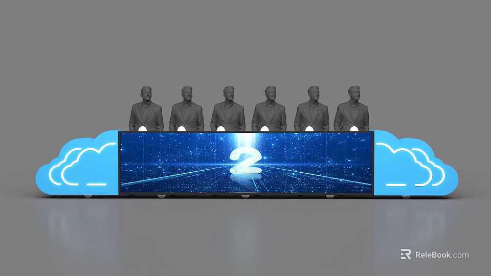 Six Suits Figures Over Large Screen Featuring Glowing Number 2 Tech Scene 3d model 
