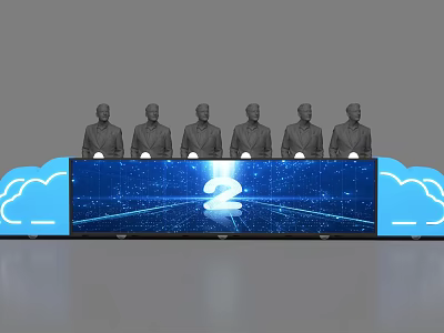Six Suits Figures Over Large Screen Featuring Glowing Number 2 Tech Scene 3d model
