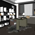 Modern Study Room Interior With Lit Bookshelves Green Desk Leather Chair And Zebra Rug