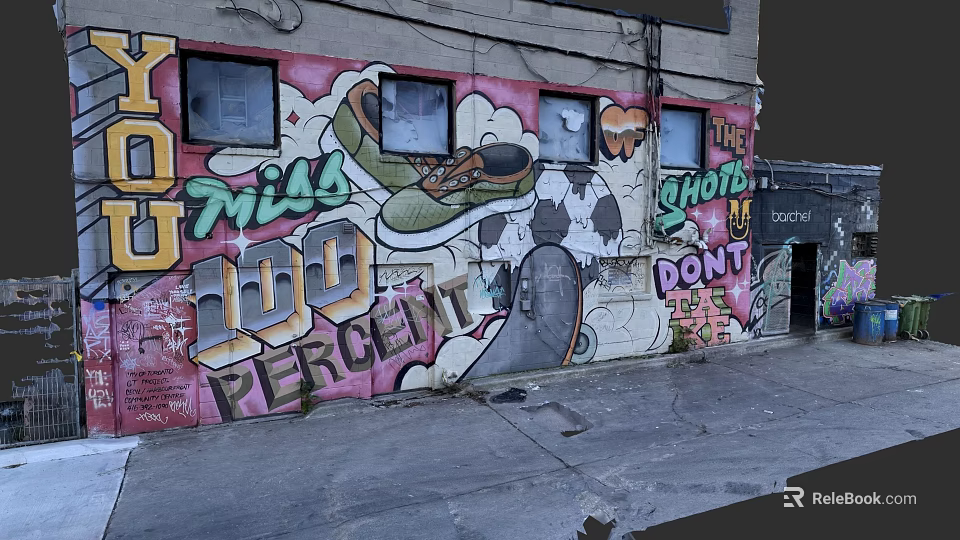 Urban Building Exterior With Colorful Graffiti Murals 100 Percent Text And Shoe Graphics 3d model 