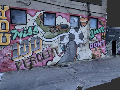 Urban Building Exterior With Colorful Graffiti Murals 100 Percent Text And Shoe Graphics 3d model