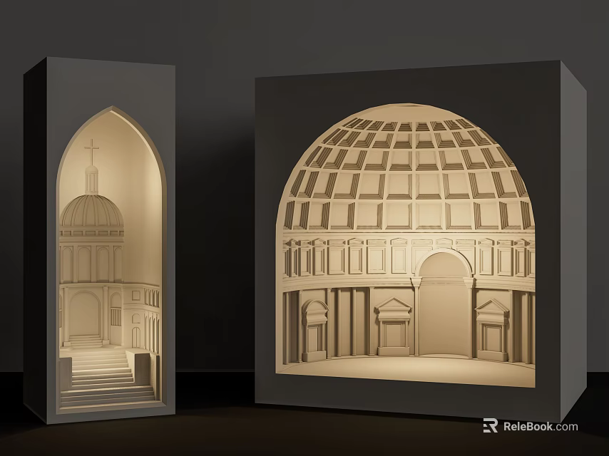 3D Carved Architectural Wall Lamps With Arched Dome Design And Warm Illuminated Glow 3d model 