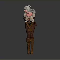 Woman with White Hair Wearing Strappy Outfit Brown Boots and Hands Crossed Against Gray Background